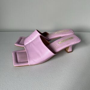 GLOW Leather Heels Square Toe Pink Purple Backless Slip On Women's Size 8